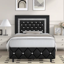 Twin/ Full/ Queen/ King Size Bed Frame, Upholstered Bed Frame With Diamond Headboard And Footboard, Pearl White/ Beige/ Black/ Grey/ Pink/ Purple/ Green - màu đen - Xem 6