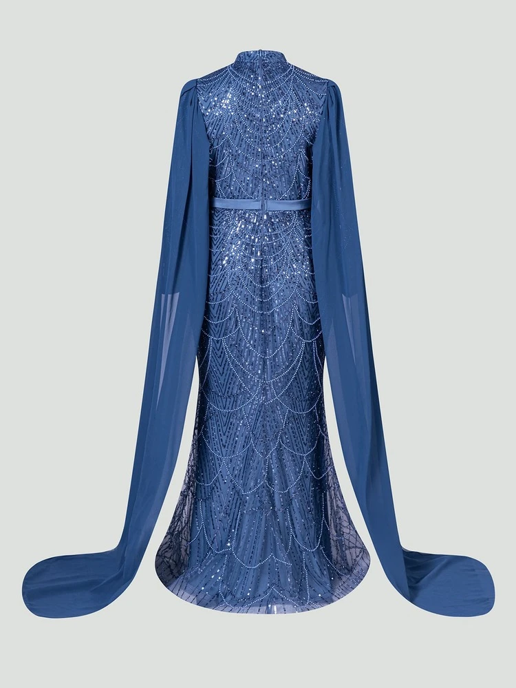 Plus Elegant Long Sleeve Mandarin Collar Evening Gown With Flowing Cape & Mermaid Hem - Formal Dresses For Galas, Red Carpet, Weddings, Evening Soirees Party - Dusty Blue - View 11