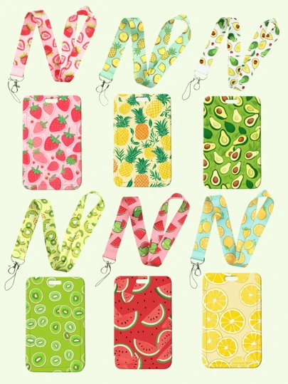 2 piezas Conjunto de Cordón y Portaidentificación con estilo de verano y estampados de frutas hawaianas (Cordón + Portaidentificación) - Patrones de fresa, piña, aguacate, limón, kiwi, sandía para uso durante todo el año, identificación laboral, esenciales de vuelta a la escuela, regalos para maestros y estudiantes, accesorios para automóvil, lanyards góticos lindos y accesorios Y2k para bolsos, regalos para amigos y hermanas