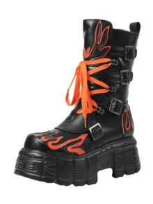 Women'S Y2K Style Punk Rock Platform Sneakers, Solid Color Lace-Up Mid Calf Booties, Non-Slip Rubber Sole, Comfortable Low Top Round Toe Boot With Thick Sole - 橘色 - 查看 6