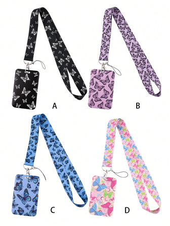 1 pieza Portacredenciales con cordón con diseño de mariposa en azul, morado, rosa y negro, con estuche rígido, llavero para tarjetas de autobús, tarjetas de identificación, tarjetas de trabajo, tarjetas de estudiante, tarjetas de exposición, portabadges de eventos, útiles escolares, vuelta al cole