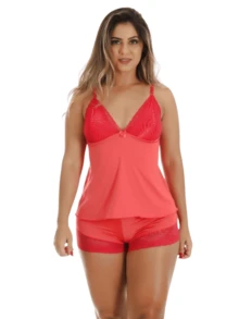 Baby Doll Women's Pajamas Shorts Dool Polyester Adult Comfortable Strap Luxury Set Nightwear - 紅色 - 查看 2