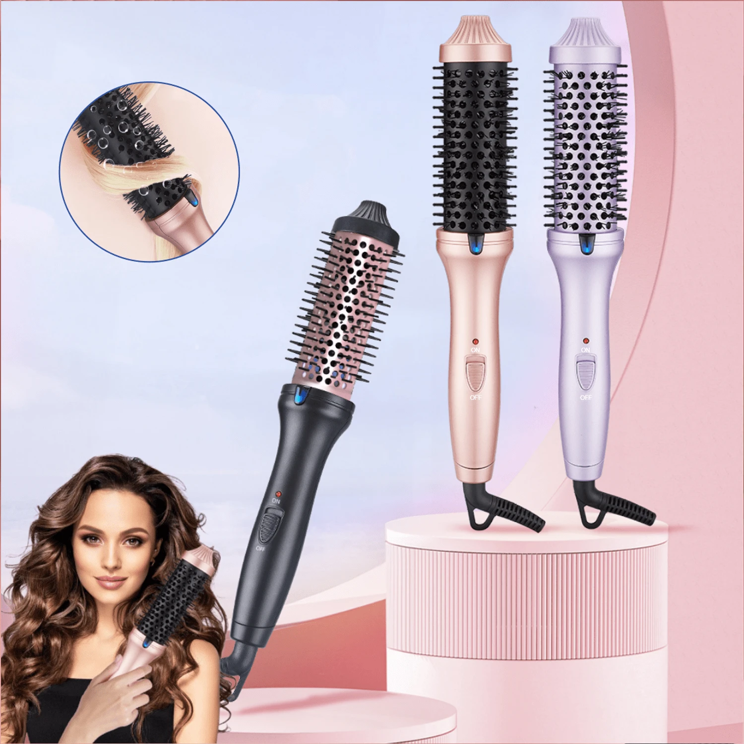 Beheizter Lockenbürstenset für Frauen, 2-in-1 Professionelle Haarstylingbürste mit Locken- und Glättfunktion, minimiert Haarschäden, 360° drehbares Kabel, Ein-Tasten-Schnellheizung, einfach zu bedienen