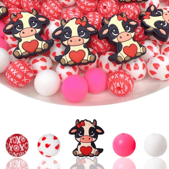 28 件硅胶珠套装，带有心形牛和爱心图案，DIY 珠宝、钥匙扣、工艺品 - 非常适合笔珠和手工礼品 - 珠子和珠子组合
