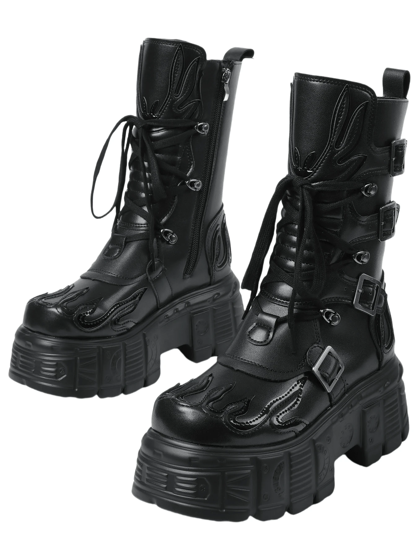 Women'S Y2K Style Punk Rock Platform Sneakers, Solid Color Lace-Up Mid Calf Booties, Non-Slip Rubber Sole, Comfortable Low Top Round Toe Boot With Thick Sole - 黑色 - 查看 1