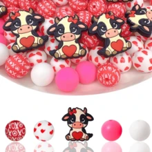 Bộ 28 hạt silicon có họa tiết hình con bò và trái tim, trang sức tự làm, móc khóa, đồ thủ công - Lý tưởng cho hạt bút và quà tặng thủ công - Hạt & các loại hạt - Đỏ và trắng - Xem 9