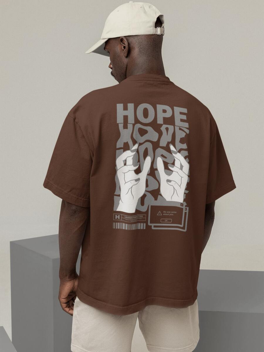 Oversized T-Shirt Turtleneck Streetwear Cotton Urban Style Workout Casual Black  And Brown Printed - Chocolate Brown - View 1