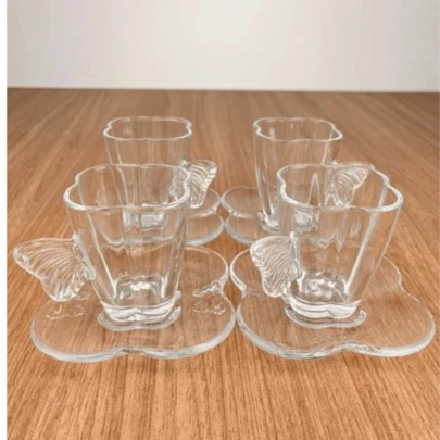 Kit 4 Xícaras de Café com Pires Butterfly 80ml Vidro Wolff