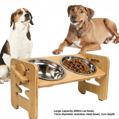 1 suporte ajustável de bambu para tigelas de cachorro com 2 tigelas de aço inoxidável - pés antiderrapantes, adequado para cães e gatos médios e pequenos, com ajuste de inclinação de 15°, design resistente a arranhões, material de bambu resistente, perfeito para casa ou viagem