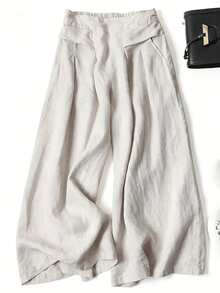 Plus Size Solid Color Casual Front Pocket Decor Wide Leg Pants For Women - Apricot - View 1
