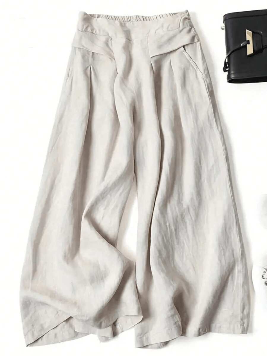 Plus Size Solid Color Casual Front Pocket Decor Wide Leg Pants For Women - Apricot - View 1