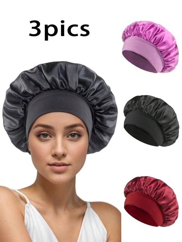 3pcs Women Solid Color Satin Wide Brim Sleeping Cap, Seasonal Bathing Hat, Hair Care Fashion Beauty Hat, Head Scarf