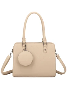 Quilted Satchel Bag With 3 Compartments And Removable Coin Purse Simple Minimalist Stylish For Work And College - 沙 - 查看 1