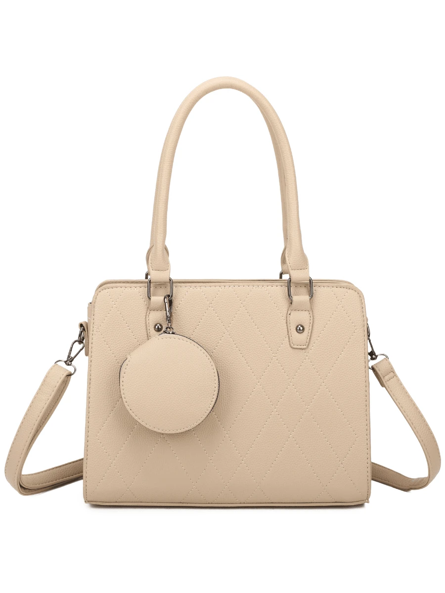 Quilted Satchel Bag With 3 Compartments And Removable Coin Purse Simple Minimalist Stylish For Work And College - 沙 - 查看 1