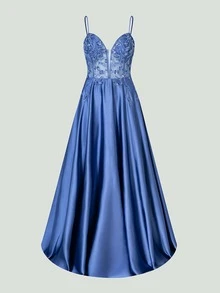 Faeriesty Curve Plus Luxurious Shimmering Bead Satin Prom Dress With Flowy Skirt - Perfect For Weddings, Red Carpet Events, And Luxury Dinners - Dusty Blue - View 8