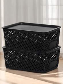 6/4/2Pcs Stackable Plastic Storage Boxes With LIDS - Durable Grey Organization Baskets, Suitable For Home, Office And Classroom - Multi-Functional Shelf Boxes, Home Organizing, Stackable Boxes - màu đen - Xem 4