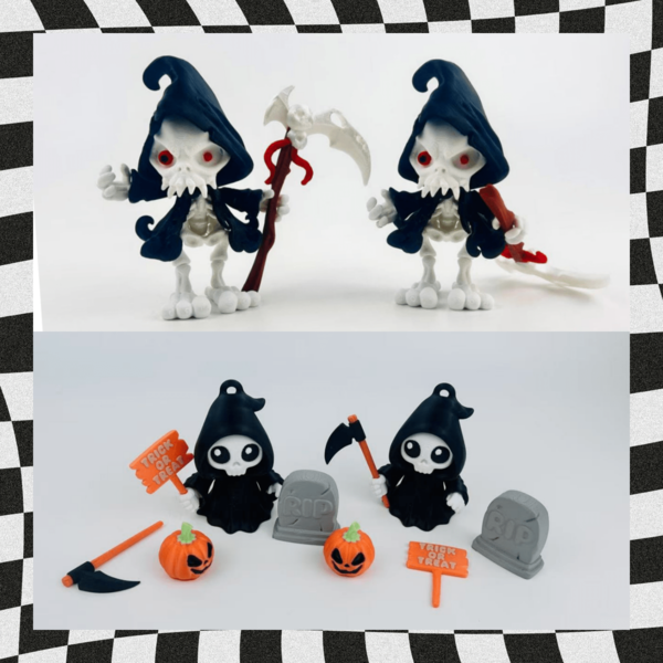 Figurine du Faucheur d'Halloween - Articulations mobiles, modèle de squelette imprimé en 3D pour une décoration effrayante, articulations articulées pour des poses personnalisables - Parfait pour les décorations d'Halloween ou les collections à thème d'horreur, squelette imprimé en 3D haute définition avec faux et design de cape, idéal pour la décoration de pièces effrayantes, les dioramas d'horreur ou les cadeaux d'Halloween uniques, parfait pour les collectionneurs de figures gothiques, d'horreur ou de fantaisie