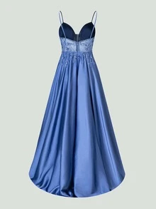 Faeriesty Curve Plus Luxurious Shimmering Bead Satin Prom Dress With Flowy Skirt - Perfect For Weddings, Red Carpet Events, And Luxury Dinners - Dusty Blue - View 9