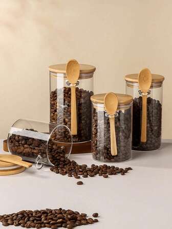 1pc-Round Grain Storage Tank With Lid And Seal, Available In Three Sizes, Plastic Bottle Body + Bamboo Lid, Leak-Proof, Moisture-Free Container For Coffee, Tea, Pasta, Flour, Sugar, Nuts, Sweets, Bath Salts