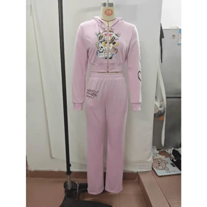 Crytersh 10 Bulk Items Wholesale Lots Tracksuits 2024 Printed Two Piece Set Womens Outfits Long Sleeve Zipper Hooded Jacket + Pant K12654