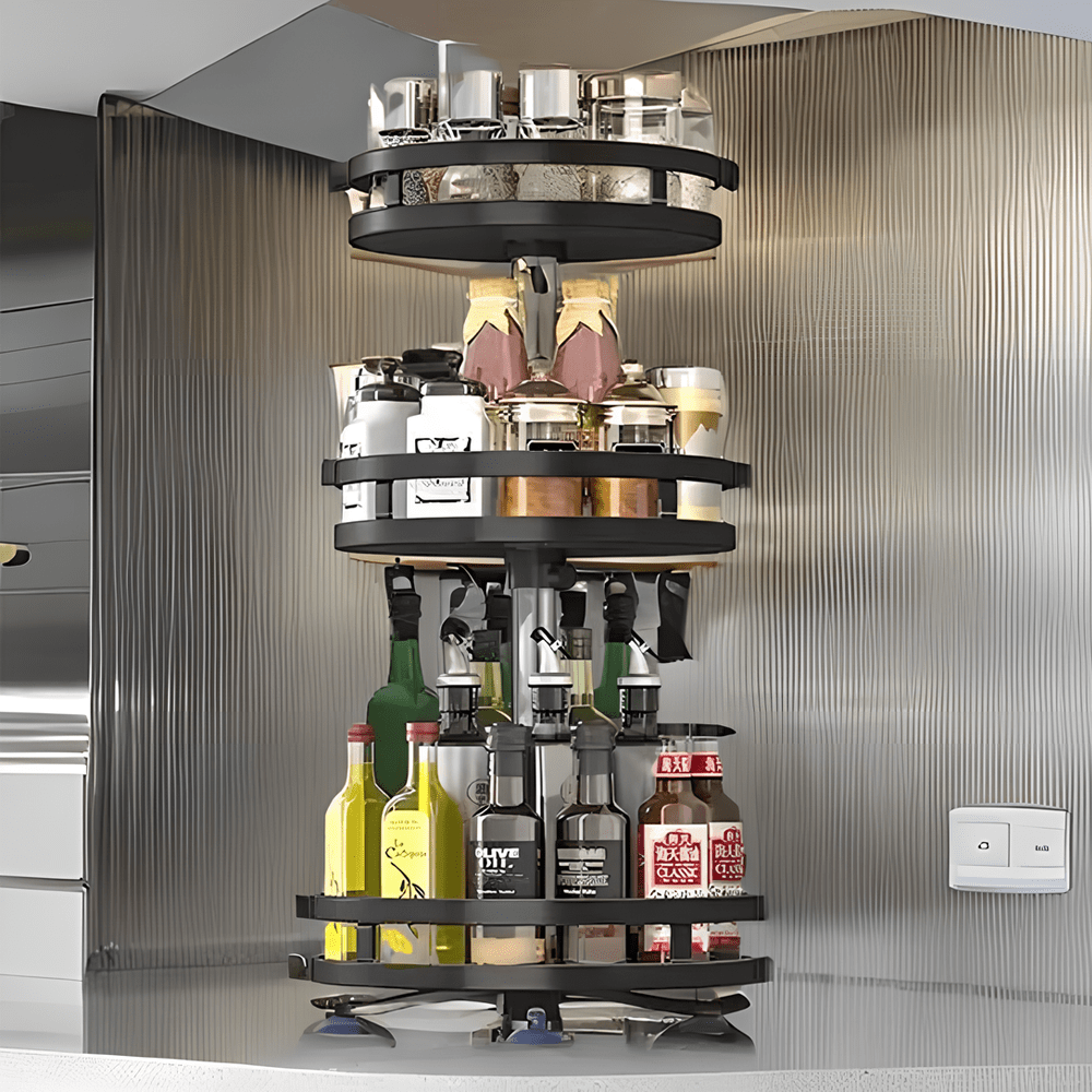 Lislark 3 Tier 360° Rotating Spice Rack Steel Kitchen Seasoning Organizer Djustable Height For Stable Support - Black Round - View 4