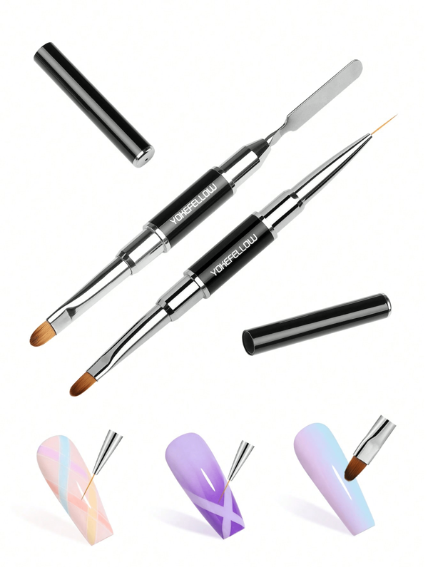 2pcs YOKEFELLOW Nail Art Brushes Set, 2 In 1 Dual-Ended Gel Nail Brush, Multifunctional Nail Tools Nail Brush For Poly Extension Gel & Builder Nail Gel & Line Painting Art Designs & Leveling & Franch Nail Design, Nail Supplies Christmas Nails Gift For Women Girls