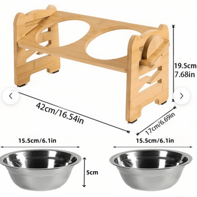 1 Pc Adjustable Elevated Bamboo Dog Bowl Stand With 2 Stainless Steel Bowls - Non-Slip Feet, Suitable For Cats And Small Dogs, With Tilt Adjustment 15°, Scratch-Resistant Design, Sturdy Bamboo Material, Perfect For Home Or Travel