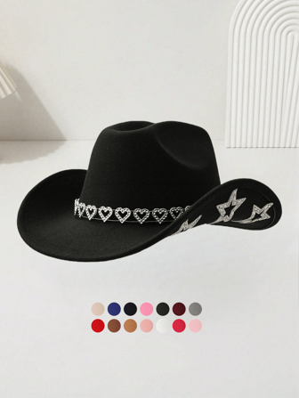 1pc Women's Sparkling Heart Casual Retro Bohemian Vintage Palace Style Party Cute Street Elegant Polyester Rhinestone Patchwork Western Cowgirl Hat, Unisex Casual Small Fedora Hat For Party, Festival, Outdoor, Travel, Stage Performance, Wedding Bride, Love