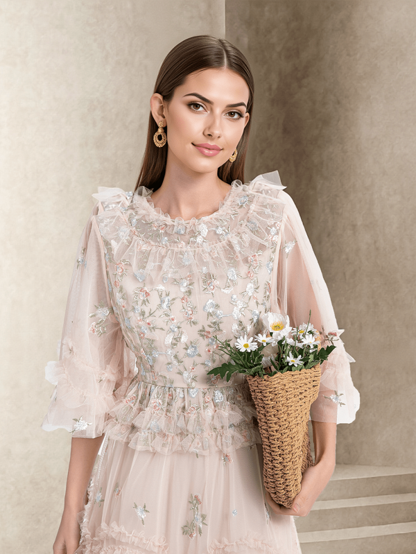 Bohemian Elegant Full Body Print Patchwork Mesh Embroidery Splice Casual Dress, Suitable For Wedding, Everyday Wear, Autumn