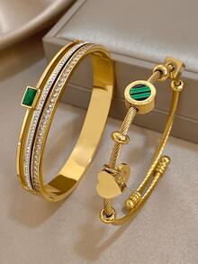 Conjunto de Joias de Pulseiras Rígidas Retro de Luxo em Aço Inoxidável Dourado com Zircónia Verde para Mulher, Elegante para Uso Diário/Verão/Festa, Presente para Mãe, Dia dos Namorados e Aniversário - Multicolorido - Ver 4