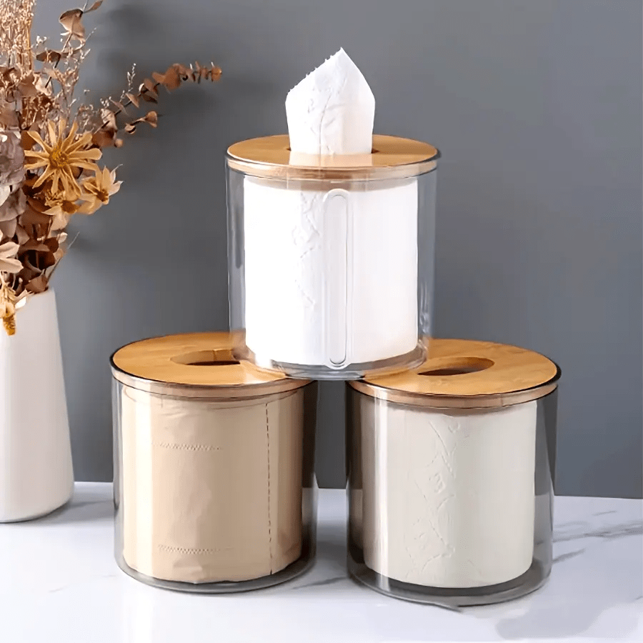 Round Clear Tissue Box With Bamboo Lid, Plastic Bathroom & Living Room Storage Container, Creative Desktop Tissue Holder