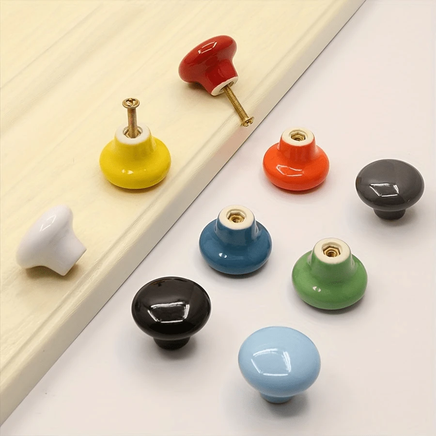 12pcs Ceramic Cabinet Handles - 32mm (1.3") Smooth Flat Mushroom Knobs With Polished Metallic Finish, 12 Vibrant Colors For Kitchen Cabinets, Dressers, Youngsters' Bedroom Furniture & Home Doors, Mushroom Cabinet Knobs - Multicolor - View 1