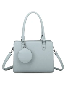 Quilted Satchel Bag With 3 Compartments And Removable Coin Purse Simple Minimalist Stylish For Work And College - 藍色 - 查看 1