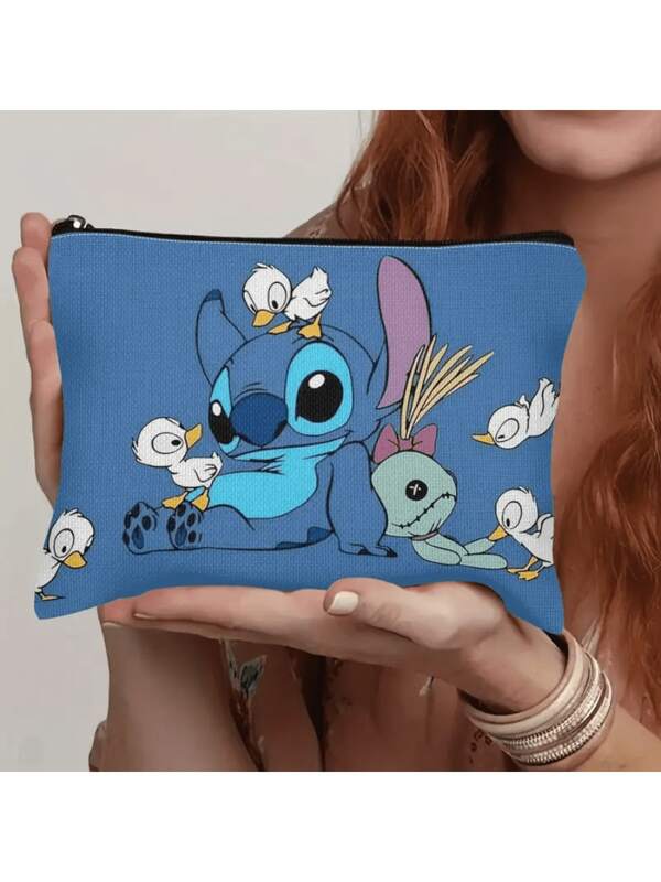 Disney 1pc, Stitch Makeup Bag - Women's Adorable Multi Functional Zipper Bag, Lightweight Polyester Fiber, Mixed Color, Storage Bag, Children's Zero Wallet Coin Key Earphone Bag Cute Cartoon Polyester Wallet, Multi Functional Use Pen Bag Wallet Makeup Bag File Bag Storage Bag, Holiday Gift Set