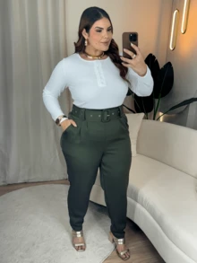 Plus Size Tailored Pants Large Size With Belt High Waist Formal Elegant Work Straight With Belt - 橄欖綠 - 查看 1