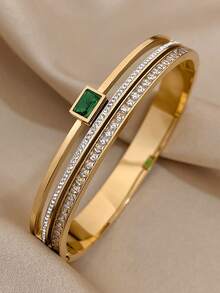 Conjunto de Joias de Pulseiras Rígidas Retro de Luxo em Aço Inoxidável Dourado com Zircónia Verde para Mulher, Elegante para Uso Diário/Verão/Festa, Presente para Mãe, Dia dos Namorados e Aniversário - Multicolorido - Ver 12