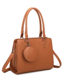 Quilted Satchel Bag With 3 Compartments And Removable Coin Purse Simple Minimalist Stylish For Work And College - 鏽棕色 - 查看 2