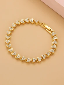 2 Colors Bestselling Diamond Plated Gold/Silver Heart Shaped Bracelet, Fashion Crystal Cuff Bangle Jewelry For Girls - one-size - View 5