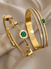 Conjunto de Joias de Pulseiras Rígidas Retro de Luxo em Aço Inoxidável Dourado com Zircónia Verde para Mulher, Elegante para Uso Diário/Verão/Festa, Presente para Mãe, Dia dos Namorados e Aniversário - Multicolorido - Ver 2