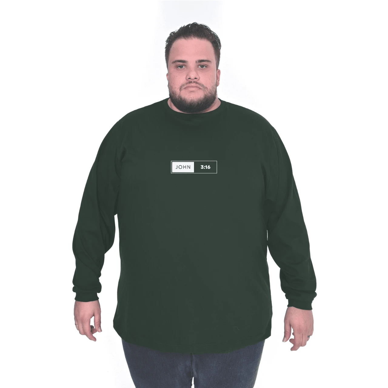 Camiseta Manga Longa Cristã João 3:16 Masculina Plus Size 100% Algodão - Verde Militar - Visão 1