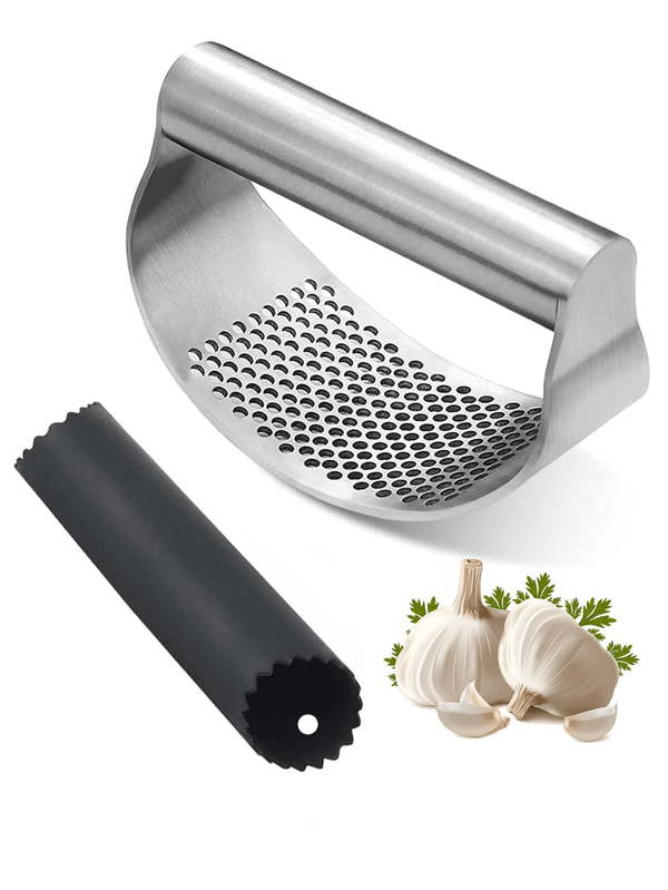 1 Stück Edelstahl Bogen Knoblauchpresse! Sie ist komplett aus hochwertigem Edelstahl gefertigt, der langanhaltend und rostbeständig ist. Ihr einzigartiges gebogenes Design bietet einen bequemen Griff und einfache Handhabung. Kein Knoblauch mit Messer mehr zuschneidet und mit Messgerät behandelt. Stellen Sie einfach einen ganzen Knoblauchtuch in die Presse, drücken Sie auf und schauen Sie mühelos zu, wie es sich in eine feine Knoblauchsauce verwandelt.