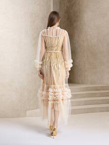 优雅拼接亮片和网眼拼接连衣裙，适合秋季正式晚会和日常穿着，女士派对服装