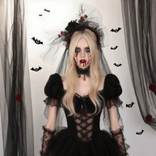 1pc Halloween Simulation Rose Flower Headband, Black Veil Headband, Black Veil Headpiece, Costume Accessory For Valentine's Day Party, Bridal Red Rose Veil