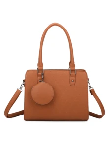 Quilted Satchel Bag With 3 Compartments And Removable Coin Purse Simple Minimalist Stylish For Work And College - 鏽棕色 - 查看 1