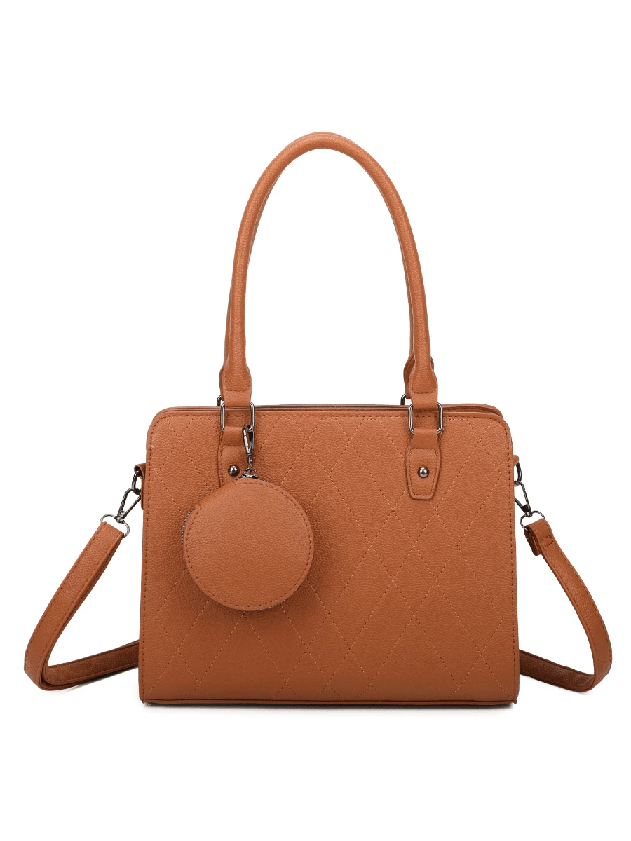 Quilted Satchel Bag With 3 Compartments And Removable Coin Purse Simple Minimalist Stylish For Work And College - 鏽棕色 - 查看 1