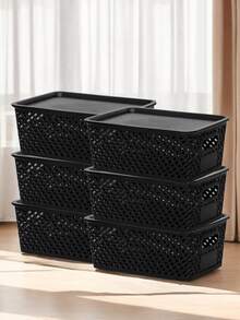 6/4/2Pcs Stackable Plastic Storage Boxes With LIDS - Durable Grey Organization Baskets, Suitable For Home, Office And Classroom - Multi-Functional Shelf Boxes, Home Organizing, Stackable Boxes - màu đen - Xem 7