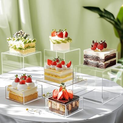 1 conjunto de suporte de acrílico transparente/branco com fundo oco, suporte multifuncional de acrílico com 5 lados, adequado para bufês, brunch, casamentos e festas. Perfeito para buffets, festas de aniversário, casamentos românticos, chás de bebê, chás de panela, mesa de sobremesas e exposições de arte. (Inclui cartão de lugar)