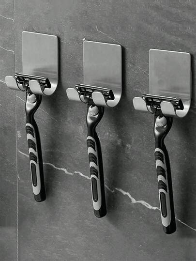 Razor Holder 1/2pcs, Silvery Adhesive Wall Hooks, No Drilling Required, Bathroom Shaver Holder, Stainless Steel Door Wall Hook, Bedroom Hat Hook, Bathroom Kitchen Bedroom Bathrobe Hook