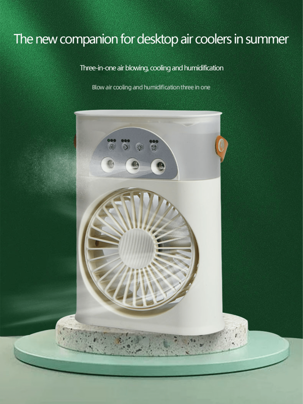 1 pezzo Ventilatore multifunzione trifasico per soffiare aria, raffreddare e umidificare, con tre impostazioni di velocità del vento, dimensioni compatte e diffusione dell'aria a 180°, capacità di immagazzinamento dell'acqua di 250ml, raffreddamento simile al ghiaccio e raffreddamento rapido più fresco più volte