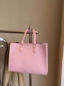 Túi xách thời trang họa tiết da cá sấu có khóa kéo, sức chứa lớn thích hợp sử dụng hàng ngày, công tác, du lịch, ngoài trời, gia đình, phòng ngủ, trở lại trường, túi mua sắm cho học sinh Unisex - Hồng - Xem 6